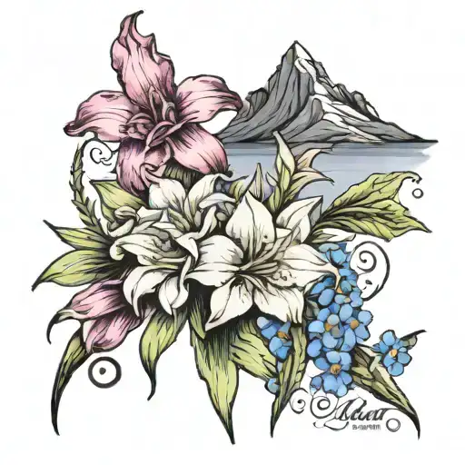 gladiolus, narcissus, and larkspur flowers and mountains with "and out o'er the hills" tattoo design idea