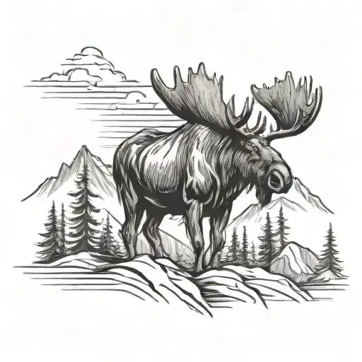 Mountains moose canada pumpjack lacroose stick tattoo design idea