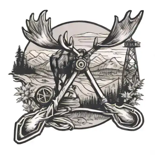 Lacrosse sticks crossed with a mountain landscape in the background with a moose and pumpjack tattoo design idea
