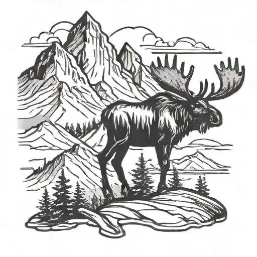 Mountains moose canada pumpjack lacroose stick tattoo design idea