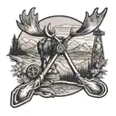 Lacrosse sticks crossed with a mountain landscape in the background with a moose and pumpjack tattoo design idea