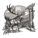 Lacrosse sticks crossed with a mountain landscape in the background with a moose and pumpjack tattoo design idea