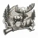 Lacrosse sticks crossed with a mountain landscape in the background with a moose and pumpjack tattoo design idea