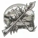 Lacrosse sticks crossed with a mountain landscape in the background with a moose and pumpjack tattoo design idea