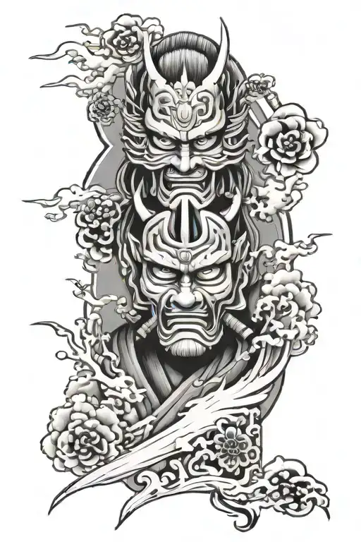 Create a half sleeve with a mix of samurai masks and Japanese kanji characters tattoo design idea