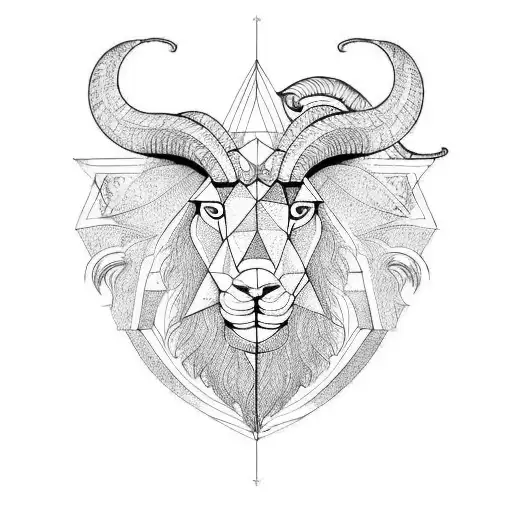 geometric half and half complilation of capricorn ram and leo lion for chest or half sleeve in a triangular shape tattoo design idea