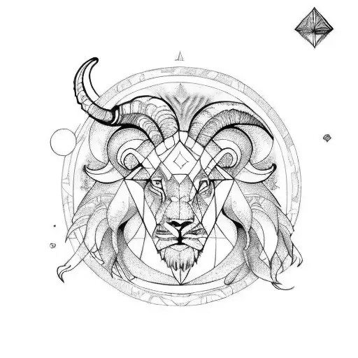 geometric complilation of capricorn ram and leo lion for chest or half sleeve tattoo design idea
