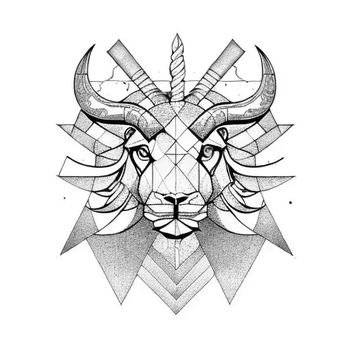 geometric half and half face complilation of capricorn ram and leo lion for chest or half sleeve in a triangular splash  tattoo design idea