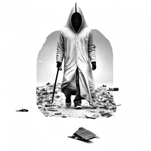 a hooded man walking down a dark road with signs of trash and at end of the road is happiness and peace  tattoo design idea