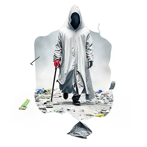 a hooded man walking down a dark road with signs of trash and at end of the road is happiness and peace  tattoo design idea