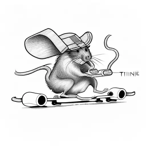 Skinny rat holding a cigarette while standing on a skateboard. He wears a cap on his head tattoo design idea