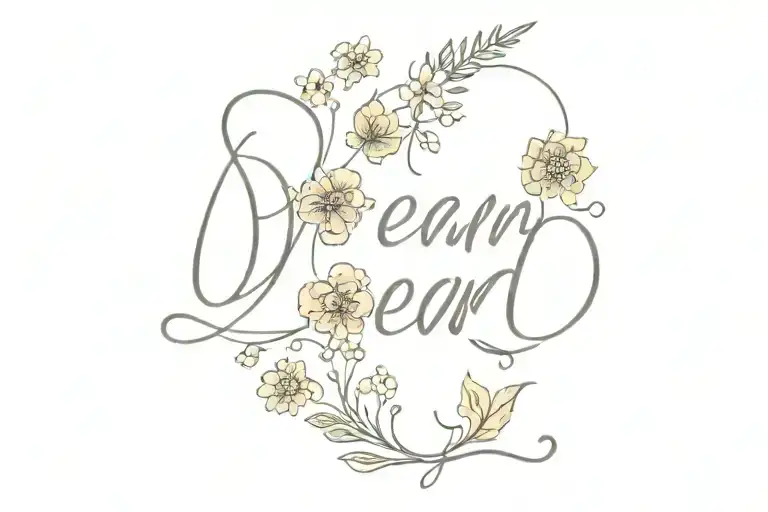 "dream" horizontal letters only + small flowers color tattoo design idea