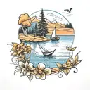 a small lake with a sailboat on it and an ox drinking at the edge of the lake  tattoo design idea