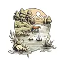 a small lake with a sailboat on it and an ox drinking at the edge of the lake  tattoo design idea