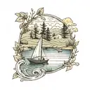 a small lake with a sailboat on it and an ox drinking at the edge of the lake  tattoo design idea