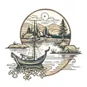 a small lake with a sailboat on it and an ox drinking at the edge of the lake  tattoo design idea