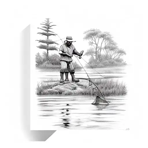 fisherman fishing in a small lake tattoo design idea