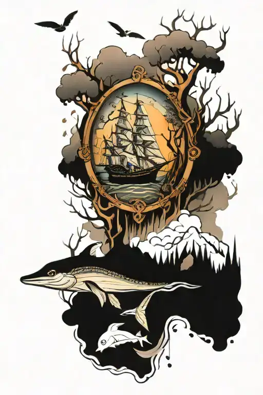 nautical and wilderness scene inspired tattoo design idea