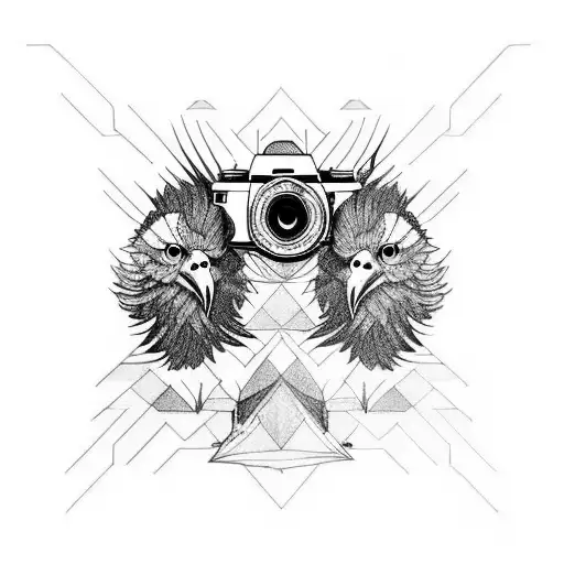 Camera lens morphing into a bearded vulture tattoo design idea