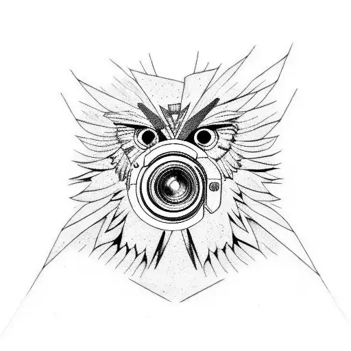 Camera lens morphing into a bearded vulture tattoo design idea