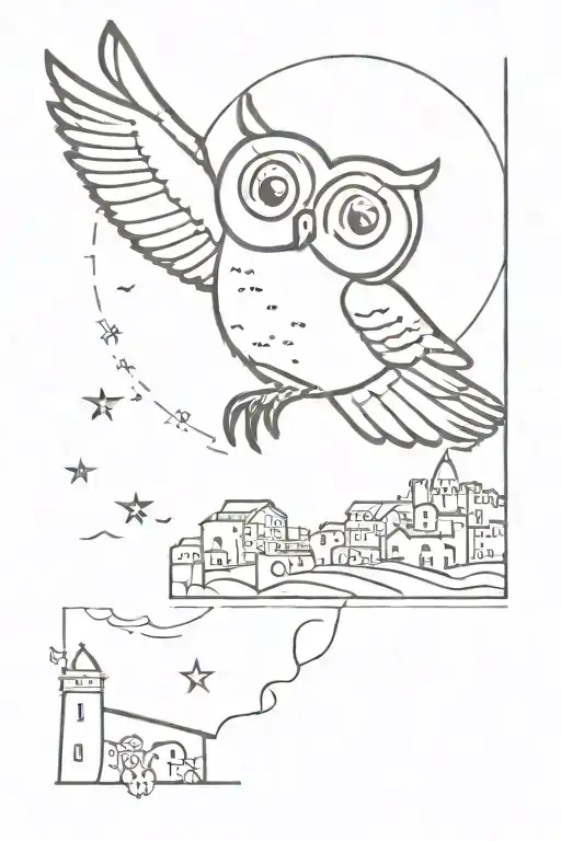 a fine, minimalist tattoo of the outline of an owl flying over the Costa brava in Spain, with the number 1947 and a star tattoo design idea