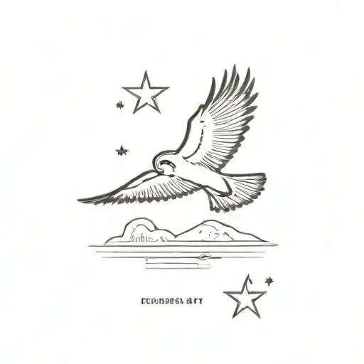 a fine, minimalist tattoo of the outline of an owl flying over the Costa brava in Spain, with the number 1947 and a star tattoo design idea