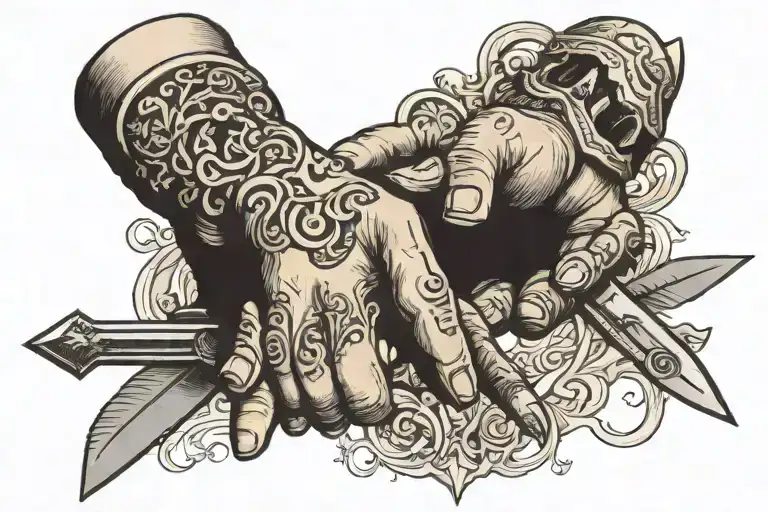 hand giving a dagger to the other hand tattoo design idea