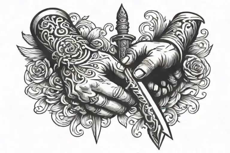 two hands one giving a dagger to the other hand tattoo design idea