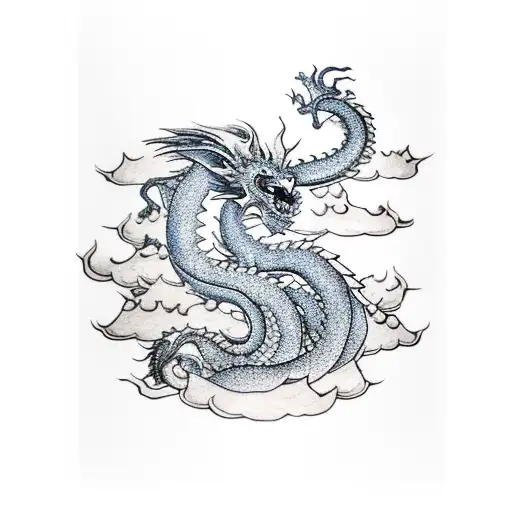dragon on the upper arm surrounded by clouds, imperial sun on the elbow, and a kraken in the low arm surrounded by sea tattoo design idea