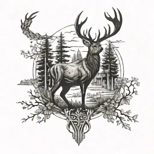 A detailed blackwork tattoo of a majestic deer in a forest setting, incorporating elements of farming equipment subtly in the background tattoo design idea
