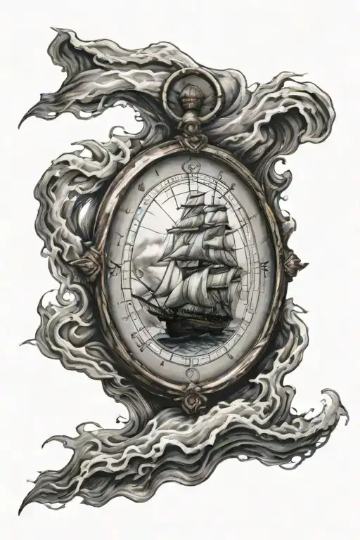compass and ship sailing through stormy tattoo design idea
