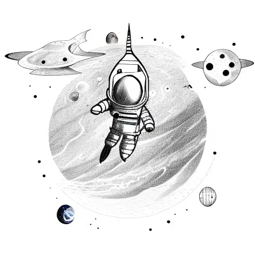 Astronaut paddling a Kayak shaped rocket ship through outer space, galaxies, nebula, beautiful, cosmic, colorful  tattoo design idea