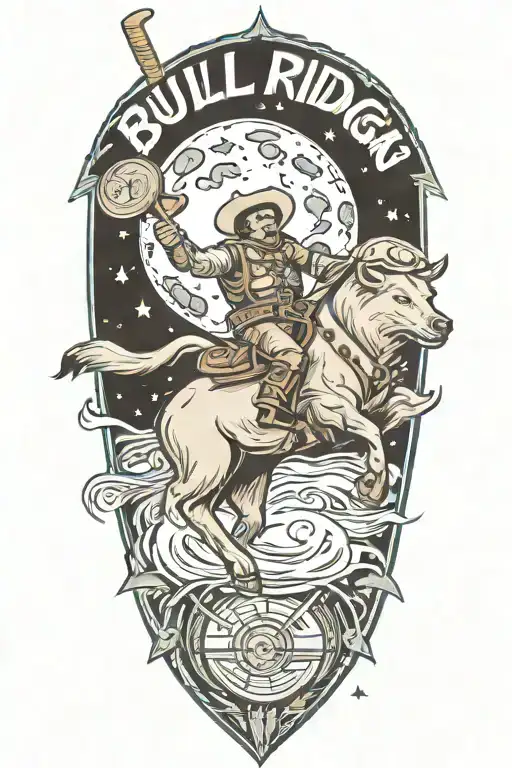 bull riding rocket to moon with bear watching  tattoo design idea