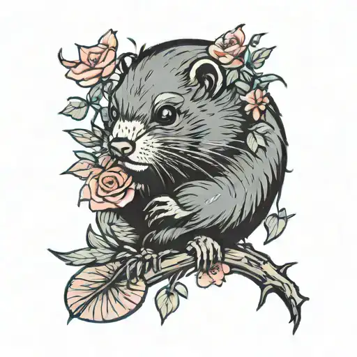 American beaver adorned with Lilith flowers, emphasizing bold color for a cute yet raw and artistic appearance tattoo design idea