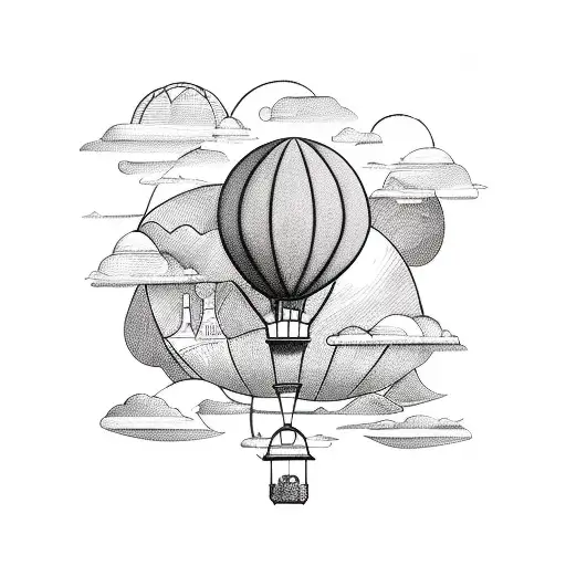 A sketch-style design of a hot air balloon floating above a cityscape, symbolizing the desire to see the world from a different perspective tattoo design idea