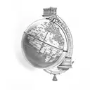 A black-grey tattoo of a globe with landmarks and famous monuments, showcasing the love for exploring different cultures tattoo design idea