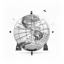 A black-grey tattoo of a globe with landmarks and famous monuments, showcasing the love for exploring different cultures tattoo design idea
