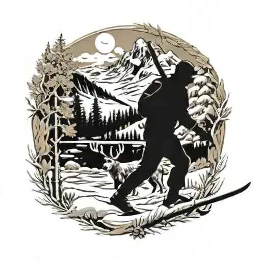 hunting, fall, snow shoe, mountains across tattoo design idea