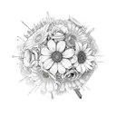 An intricate lash technician's tools forming a bouquet of flowers tattoo design idea