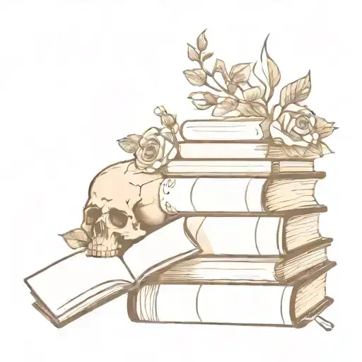 A stack of books with skulls and flowers intertwined between them tattoo design idea