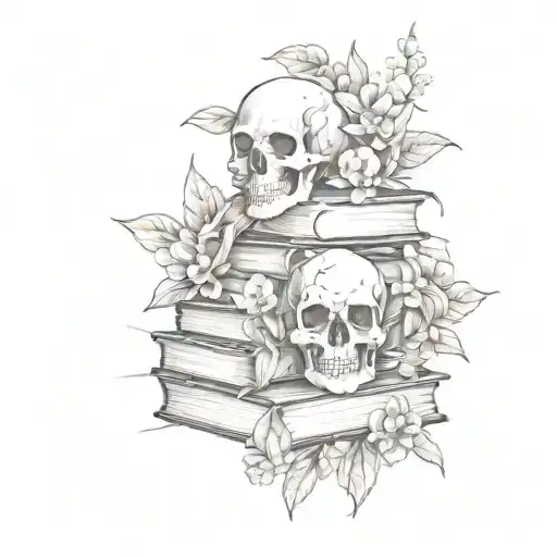 A stack of books with skulls and flowers intertwined between them tattoo design idea