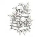 A stack of books with skulls and flowers intertwined between them tattoo design idea