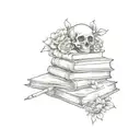 A stack of books with skulls and flowers intertwined between them tattoo design idea