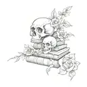A stack of books with skulls and flowers intertwined between them tattoo design idea