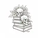A stack of books with skulls and flowers intertwined between them tattoo design idea