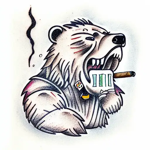  a scarred grizzly Bear standing a with a cigar in his mouth and cards in hand tattoo design idea