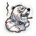 a scarred grizzly Bear standing a with a cigar in his mouth and cards in hand tattoo design idea