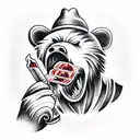  a scarred grizzly Bear standing a with a cigar in his mouth and cards in hand tattoo design idea