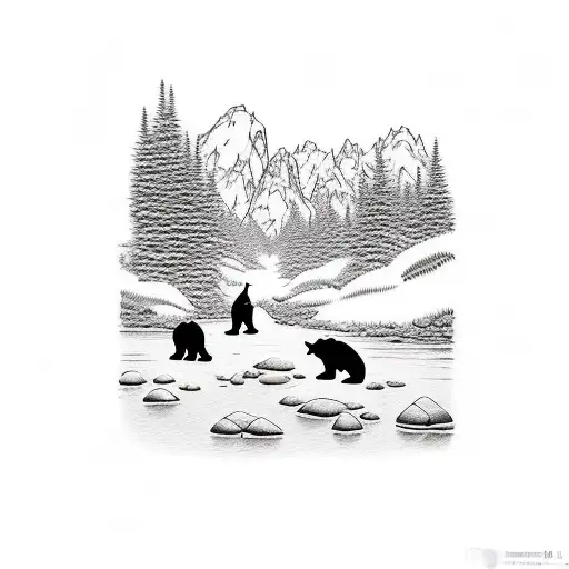 bear family crossing river in the grand teton mountains  tattoo design idea