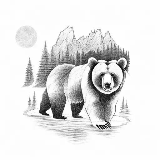 bear family crossing river in the grand teton mountains  tattoo design idea